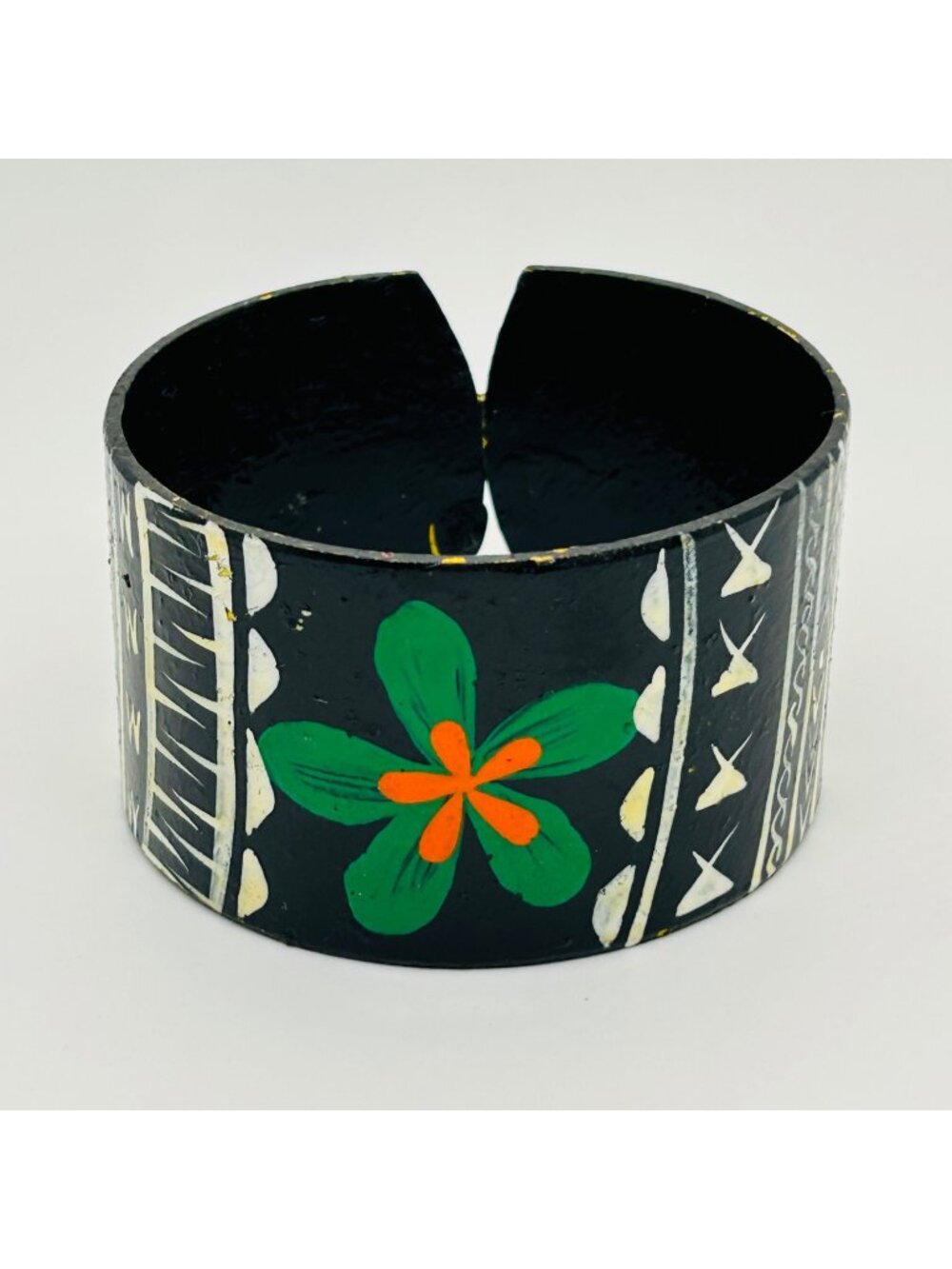 Hand Painted Wood Tribal Upper Arm Band Cuff Bracelet Black Wide Lacquer Vintage